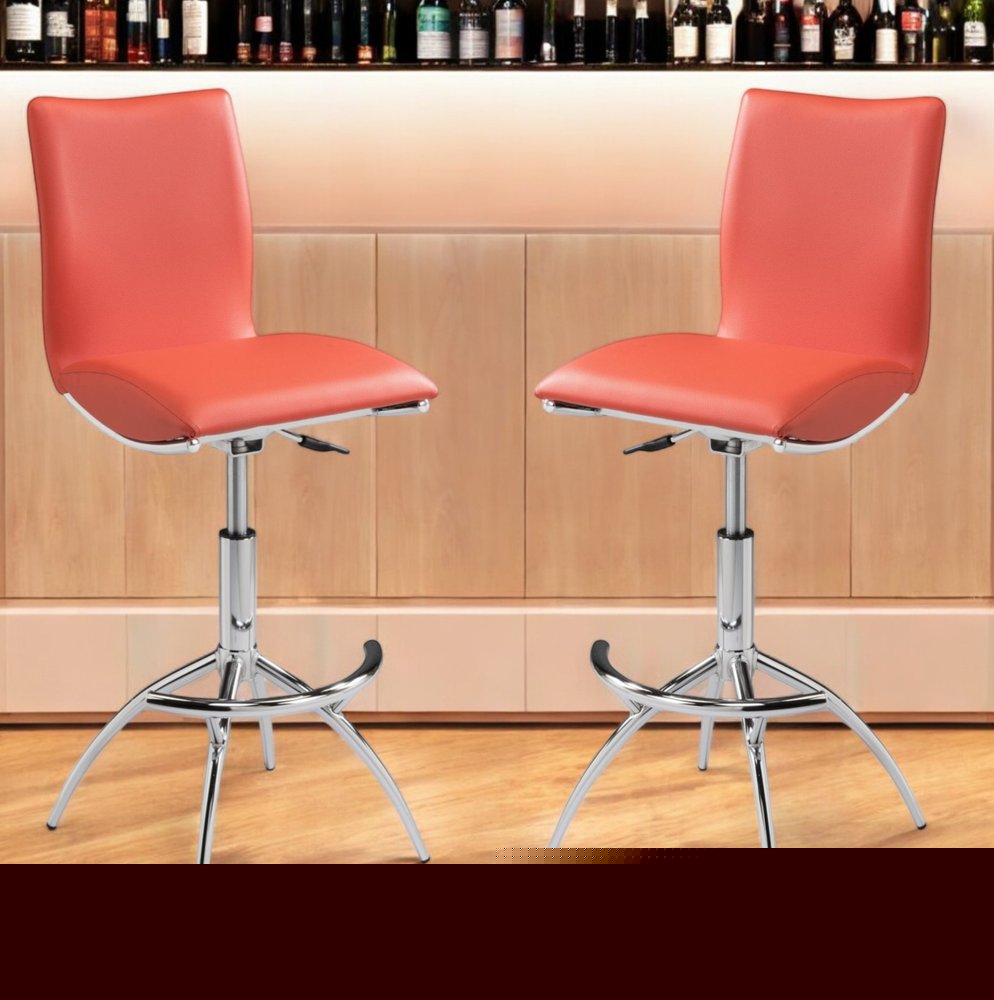 Set of Two Orange and Silver Faux Leather and Metal Low Back Adjustable Height Bar Chairs