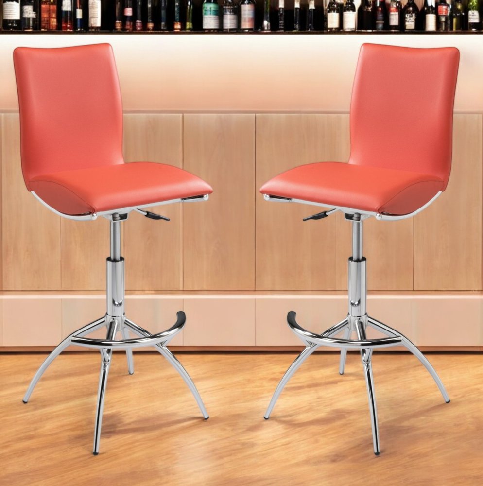 Set of Two Orange and Silver Faux Leather and Metal Low Back Adjustable Height Bar Chairs