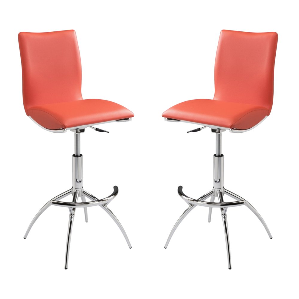 Set of Two Orange and Silver Faux Leather and Metal Low Back Adjustable Height Bar Chairs