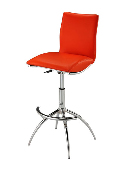 Set of Two Red and Silver Faux Leather and Metal Low Back Adjustable Height Bar Chairs