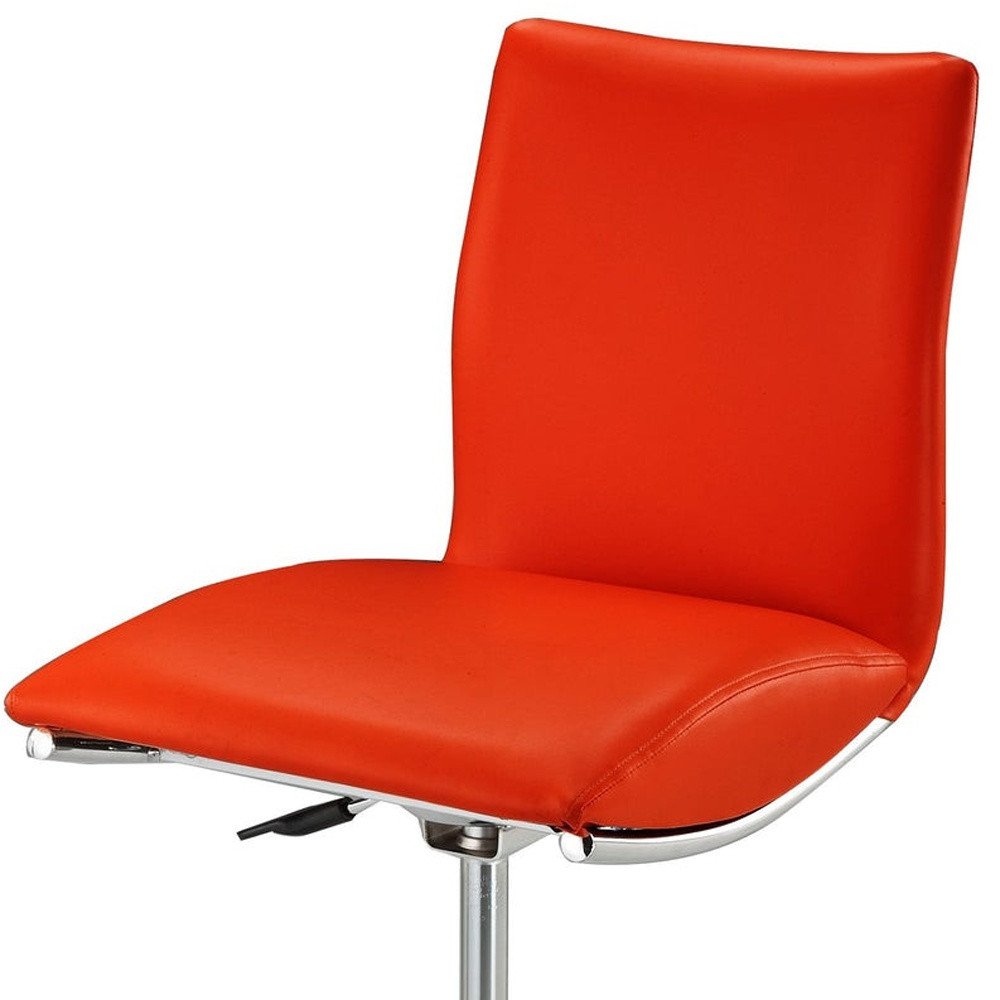 Set of Two Red and Silver Faux Leather and Metal Low Back Adjustable Height Bar Chairs