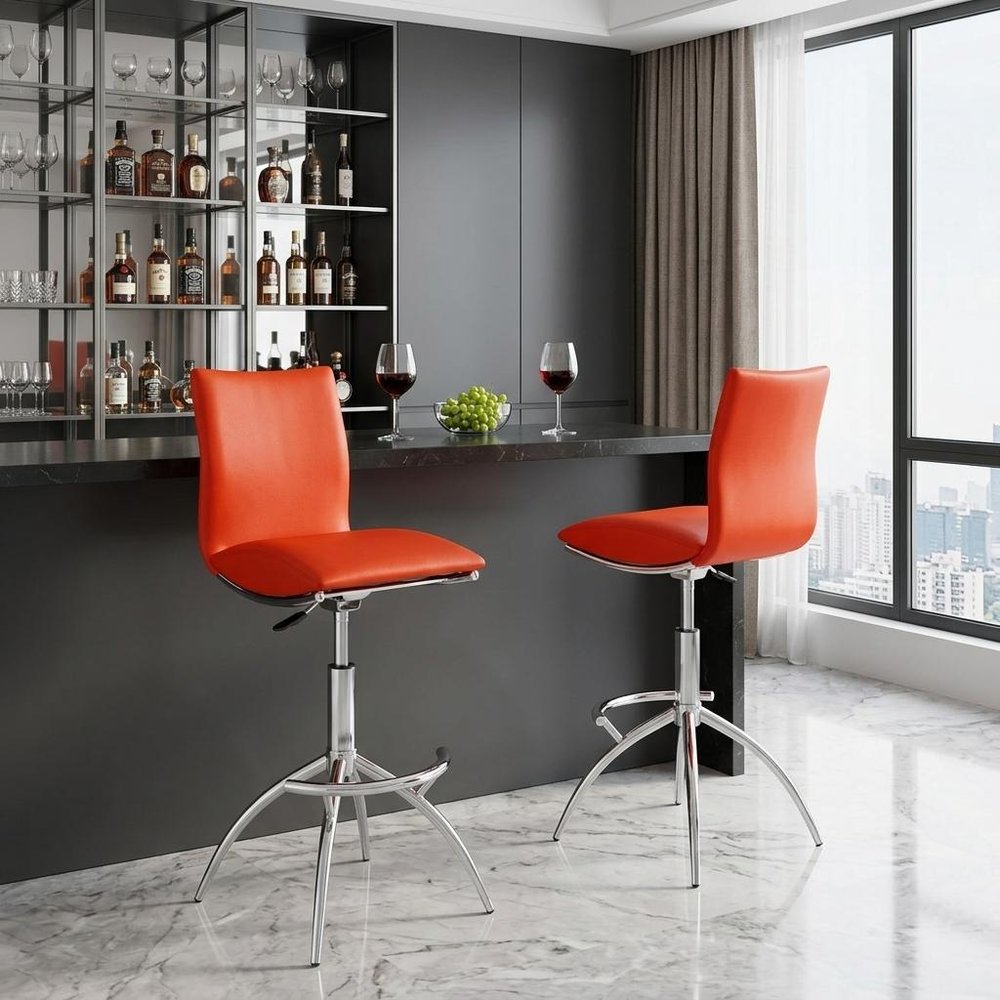 Set of Two Red and Silver Faux Leather and Metal Low Back Adjustable Height Bar Chairs