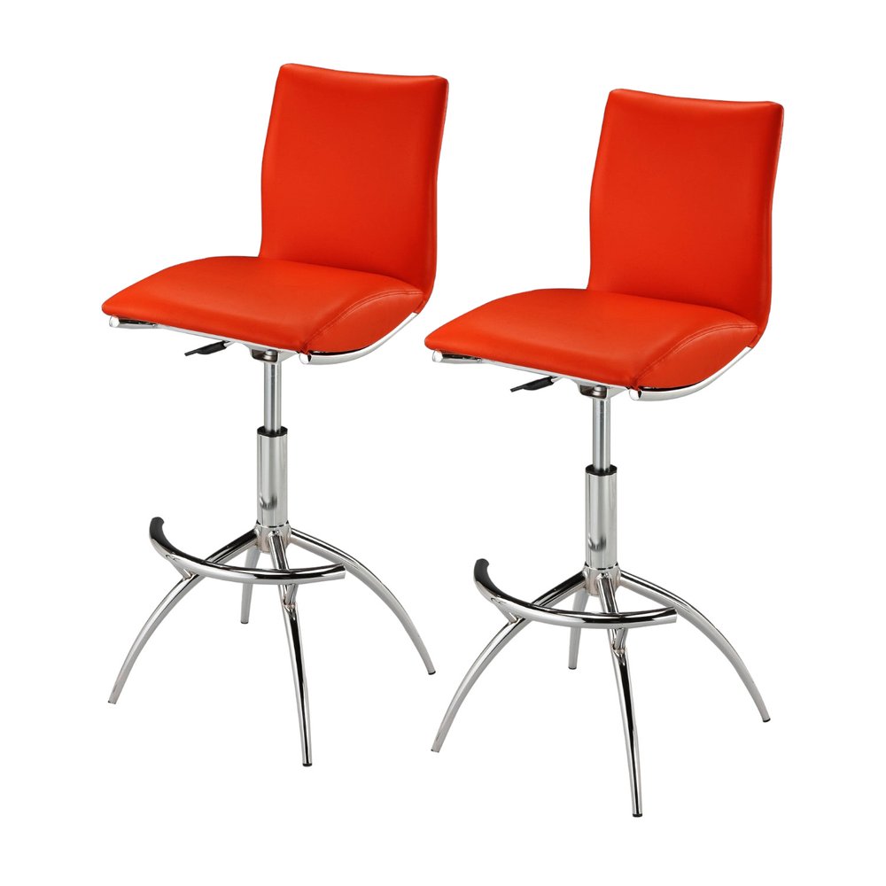 Set of Two Red and Silver Faux Leather and Metal Low Back Adjustable Height Bar Chairs