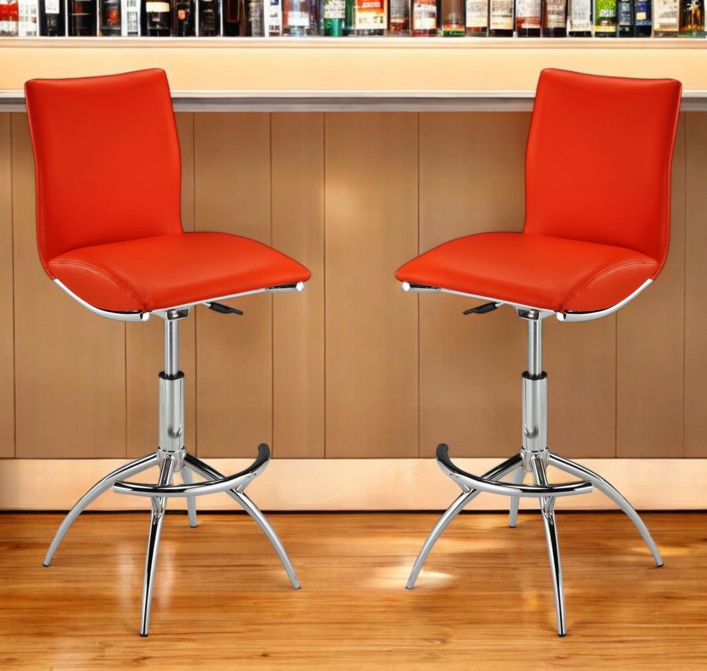 Set of Two Red and Silver Faux Leather and Metal Low Back Adjustable Height Bar Chairs