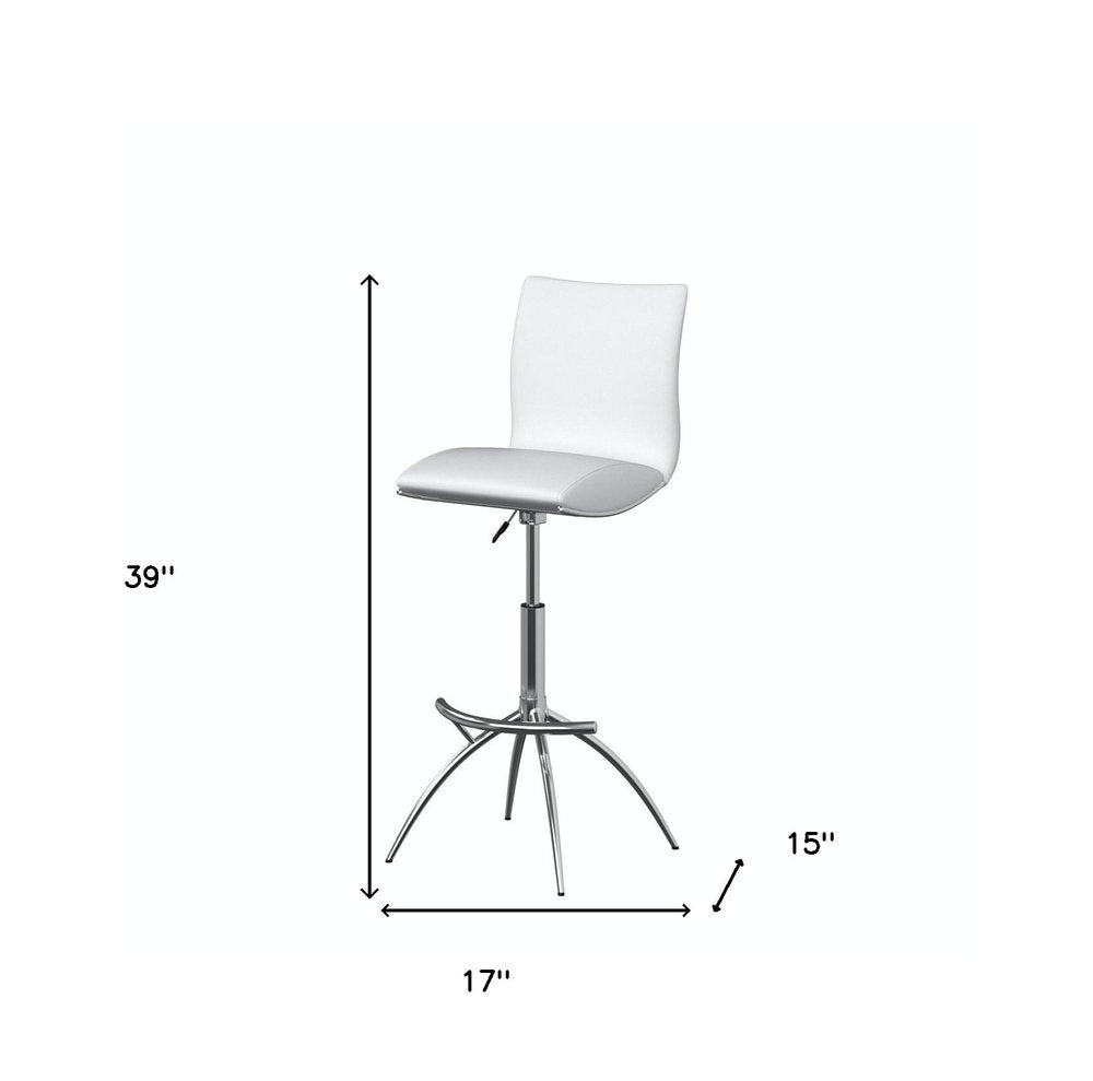 Set of Two White and Silver Faux Leather and Metal Low Back Adjustable Height Bar Chairs