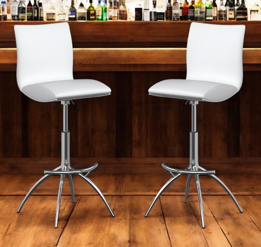 Set of Two White and Silver Faux Leather and Metal Low Back Adjustable Height Bar Chairs