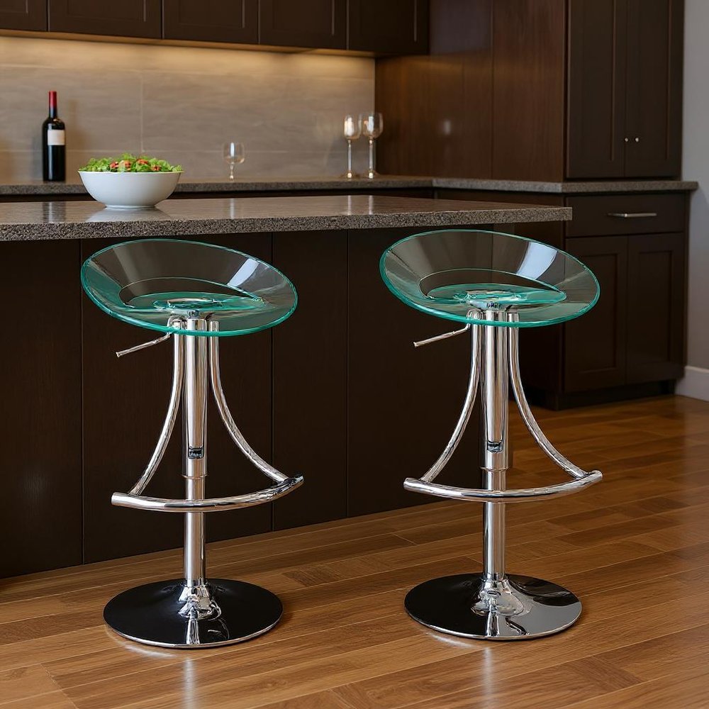 Clear and Silver Metal and Heavy Duty Plastic Low Back Adjustable Height Bar Chair