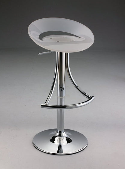 White and Silver Acrylic and Metal Low Back Adjustable Height Bar Chair