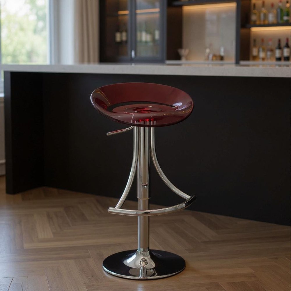 Red and Silver Acrylic and Metal Low Back Adjustable Height Bar Chair