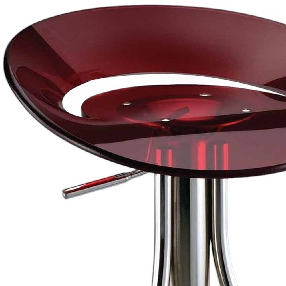 Red and Silver Acrylic and Metal Low Back Adjustable Height Bar Chair