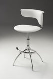 Set of Two White and Silver Metal and Faux Leather Low Back Adjustable Height Bar Chairs