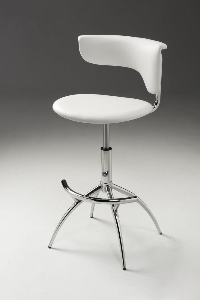Set of Two White and Silver Metal and Faux Leather Low Back Adjustable Height Bar Chairs