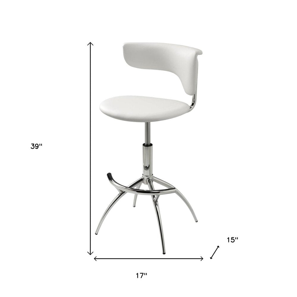 Set of Two White and Silver Metal and Faux Leather Low Back Adjustable Height Bar Chairs