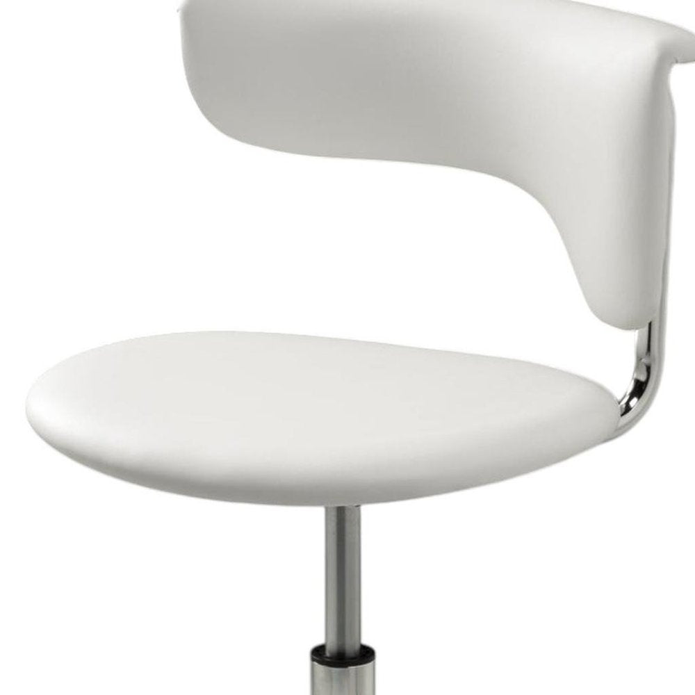 Set of Two White and Silver Metal and Faux Leather Low Back Adjustable Height Bar Chairs
