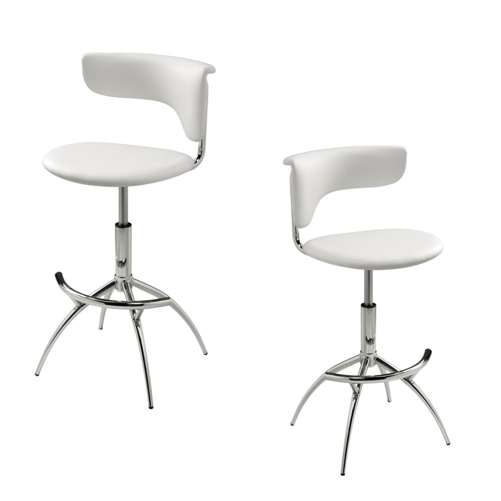 Set of Two White and Silver Metal and Faux Leather Low Back Adjustable Height Bar Chairs