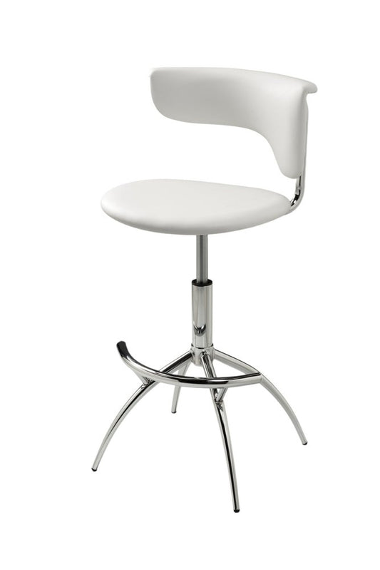 Set of Two White and Silver Metal and Faux Leather Low Back Adjustable Height Bar Chairs