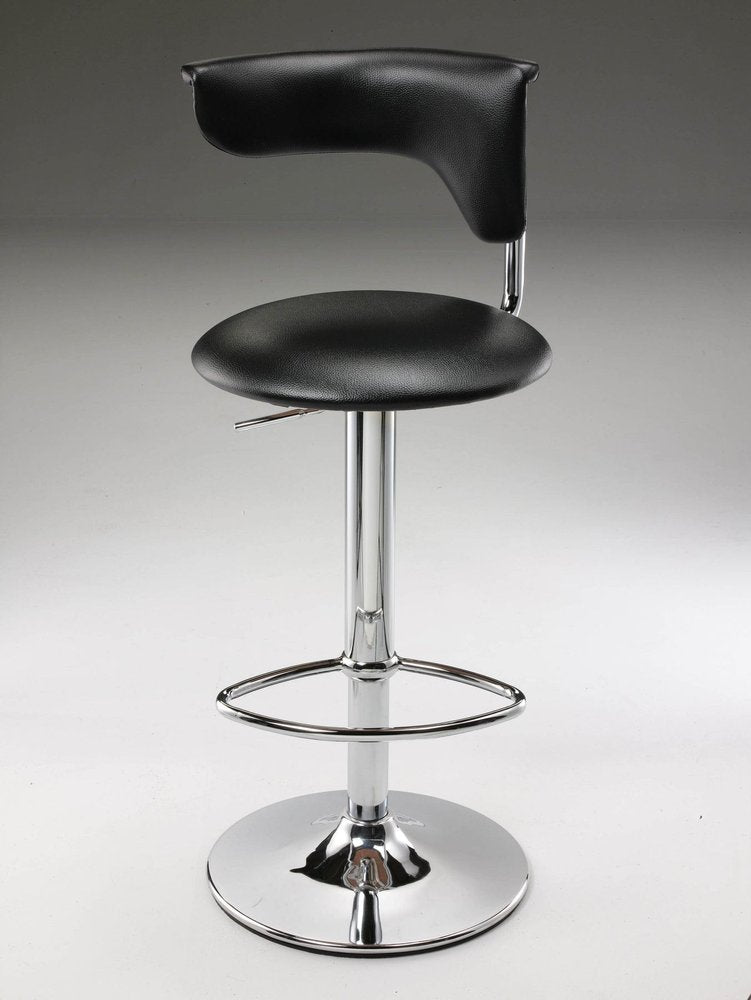 Black and Silver Faux Leather and Metal Low Back Adjustable Height Bar Chair
