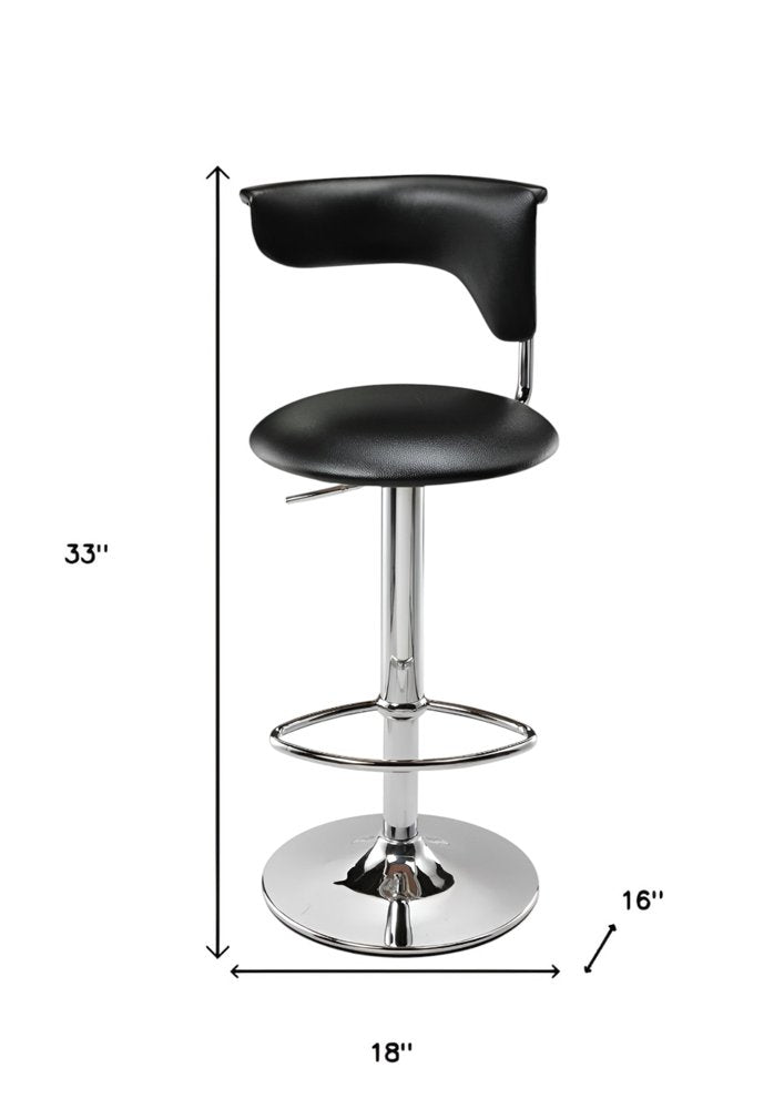 Black and Silver Faux Leather and Metal Low Back Adjustable Height Bar Chair