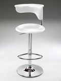 White and Silver Faux Leather and Metal Low Back Adjustable Height Bar Chair