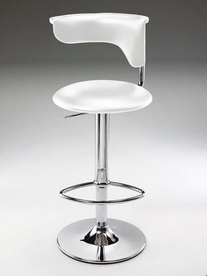 White and Silver Faux Leather and Metal Low Back Adjustable Height Bar Chair