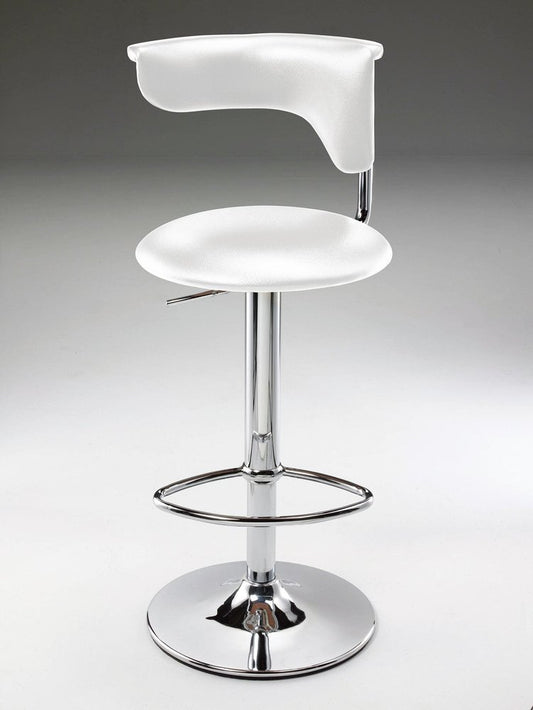 White and Silver Faux Leather and Metal Low Back Adjustable Height Bar Chair