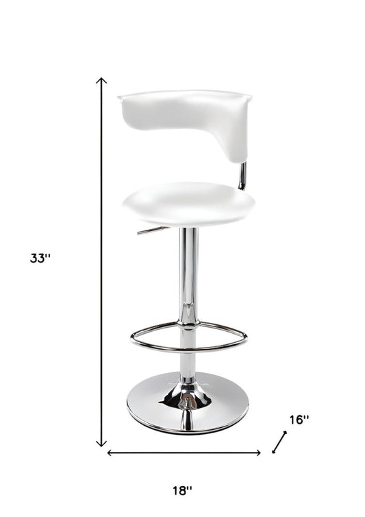 White and Silver Faux Leather and Metal Low Back Adjustable Height Bar Chair