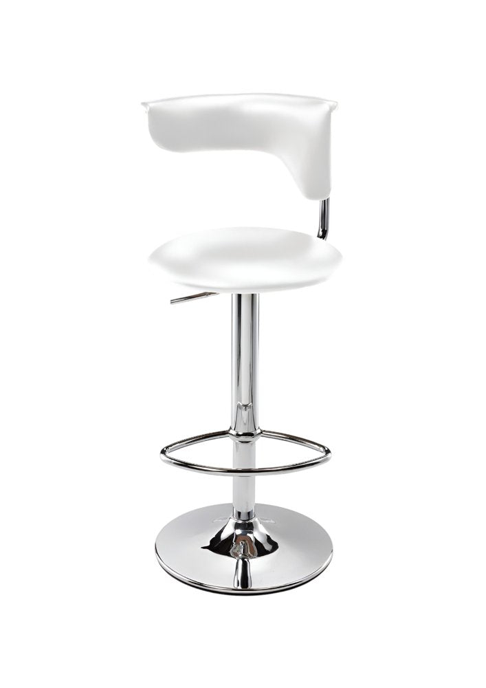 White and Silver Faux Leather and Metal Low Back Adjustable Height Bar Chair