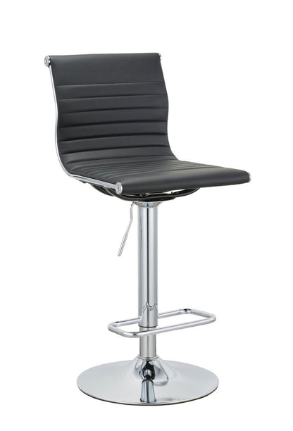 Set of Two Black and Silver Faux Leather and Metal Low Back Adjustable Height Bar Chairs