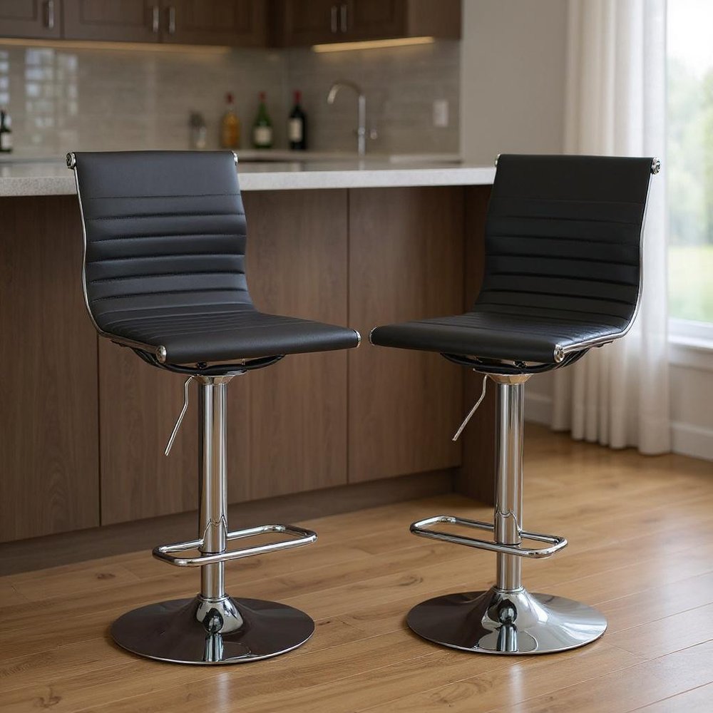 Set of Two Black and Silver Faux Leather and Metal Low Back Adjustable Height Bar Chairs