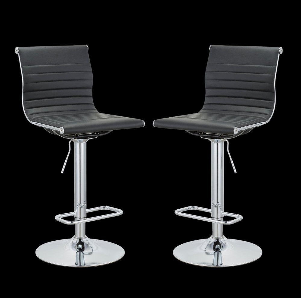 Set of Two Black and Silver Faux Leather and Metal Low Back Adjustable Height Bar Chairs