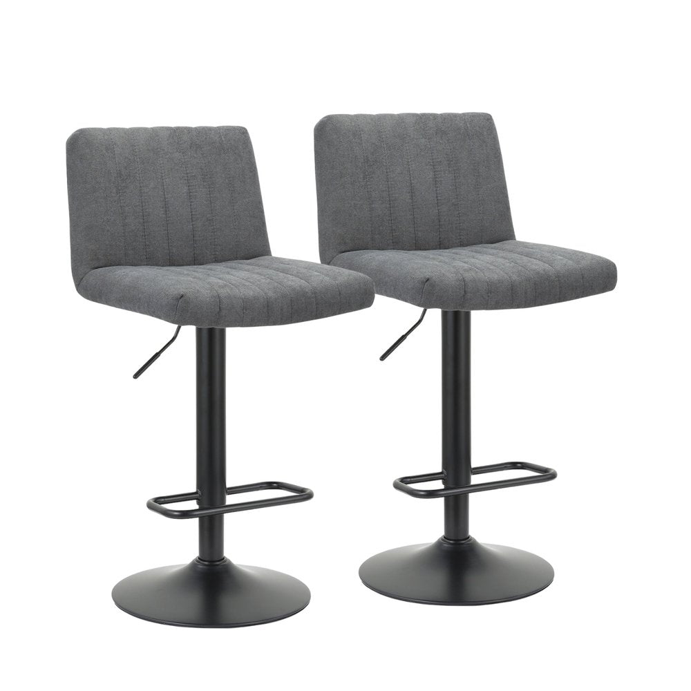 Set of Two Gray and Black Fabric and Metal Low Back Adjustable Height Bar Chairs