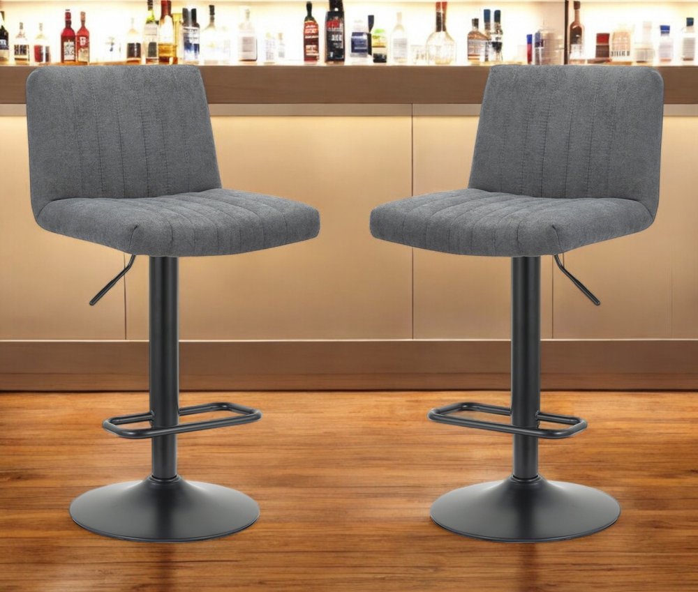 Set of Two Gray and Black Fabric and Metal Low Back Adjustable Height Bar Chairs