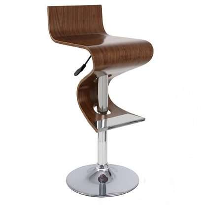 Brown and Silver Solid Wood and Metal Low Back Adjustable Height Bar Chair