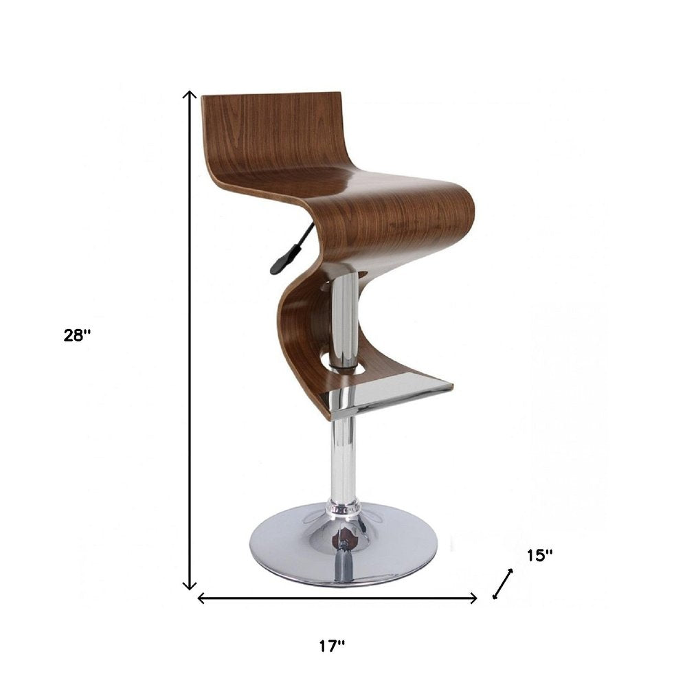 Brown and Silver Solid Wood and Metal Low Back Adjustable Height Bar Chair