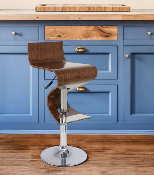 Brown and Silver Solid Wood and Metal Low Back Adjustable Height Bar Chair