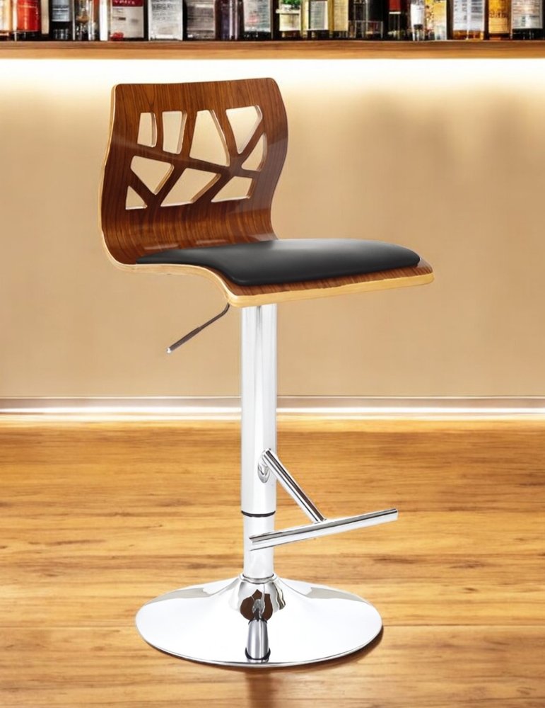 Black Brown And Silver Faux Leather And Wood Low Back Adjustable Height Bar Chair