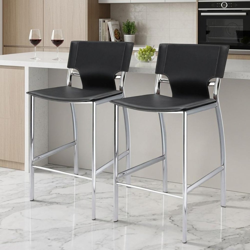 Set of Two 25" Gray and Silver Faux Leather and Metal Low Back Counter Height Bar Chairs
