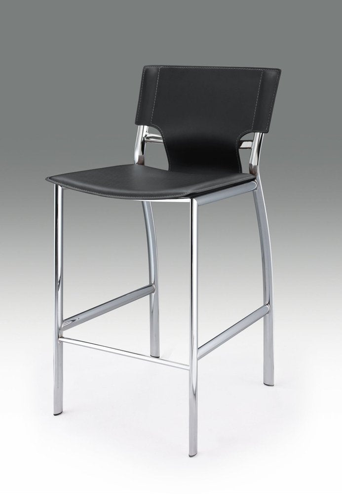 Set of Two 25" Black and Silver Faux Leather and Metal Low Back Counter Height Bar Chairs