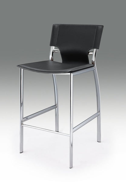 Set of Two 25" Black and Silver Faux Leather and Metal Low Back Counter Height Bar Chairs