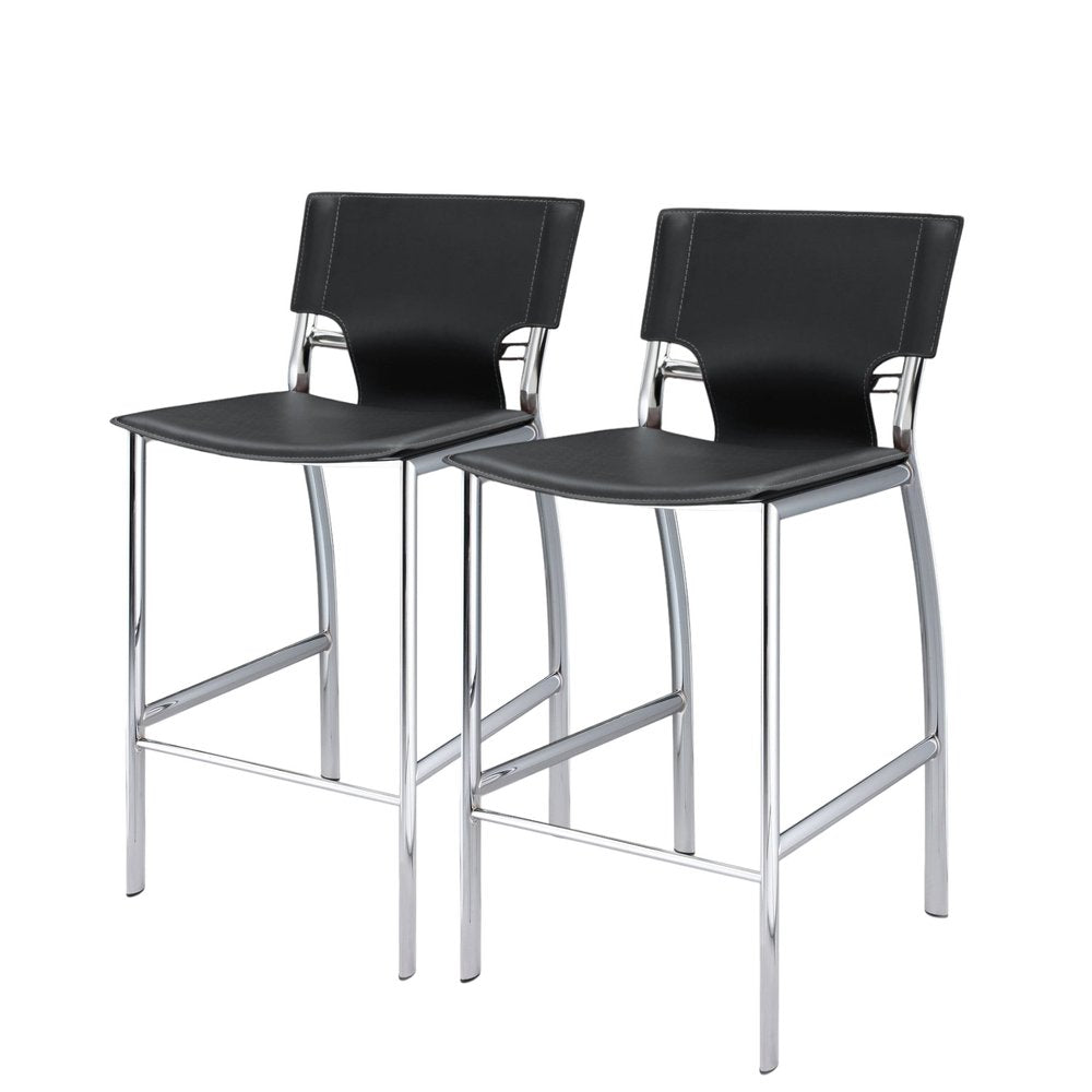 Set of Two 25" Black and Silver Faux Leather and Metal Low Back Counter Height Bar Chairs