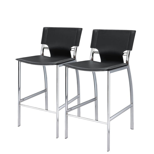Set of Two 25" Black and Silver Faux Leather and Metal Low Back Counter Height Bar Chairs