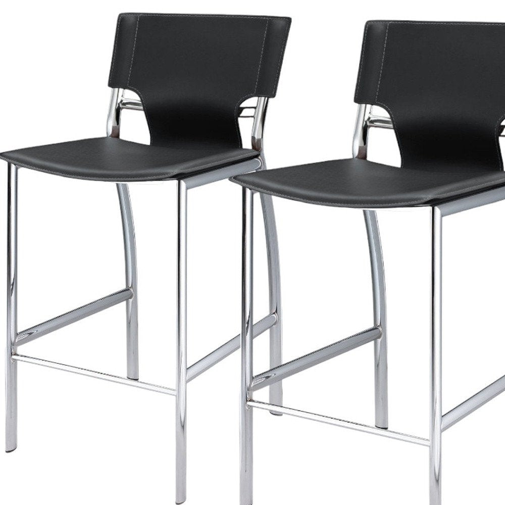 Set of Two 29" Black and Silver Metal and Faux Leather Low Back Bar Height Bar Chairs