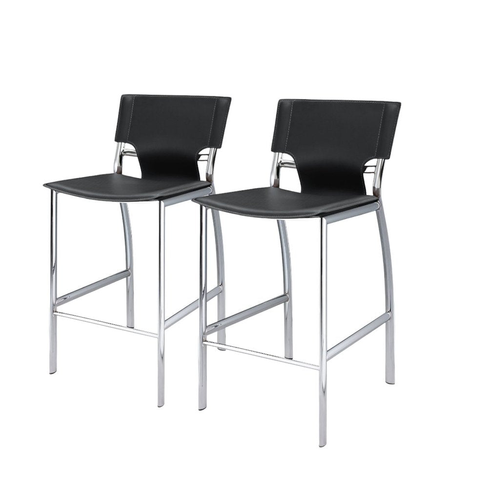 Set of Two 29" Black and Silver Metal and Faux Leather Low Back Bar Height Bar Chairs