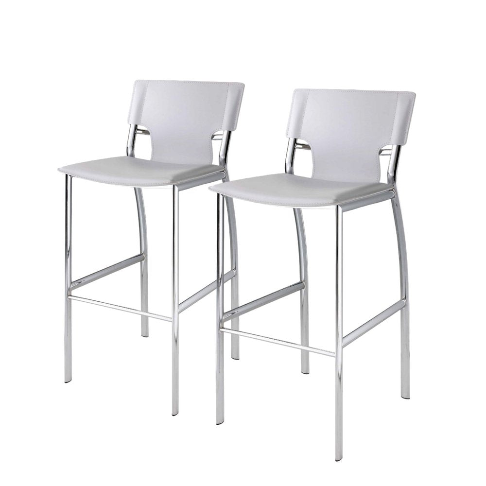 Set of Two 29" White and Silver Metal and Faux Leather Low Back Bar Height Bar Chairs