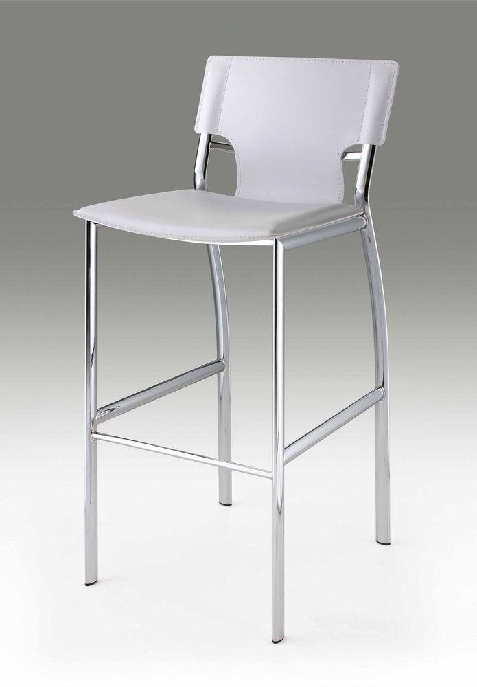 Set of Two 29" White and Silver Metal and Faux Leather Low Back Bar Height Bar Chairs