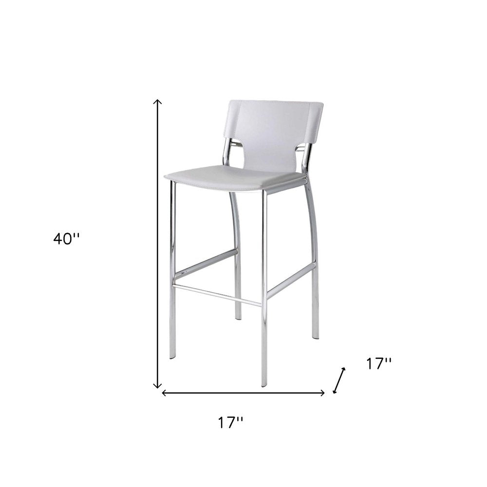 Set of Two 29" White and Silver Metal and Faux Leather Low Back Bar Height Bar Chairs