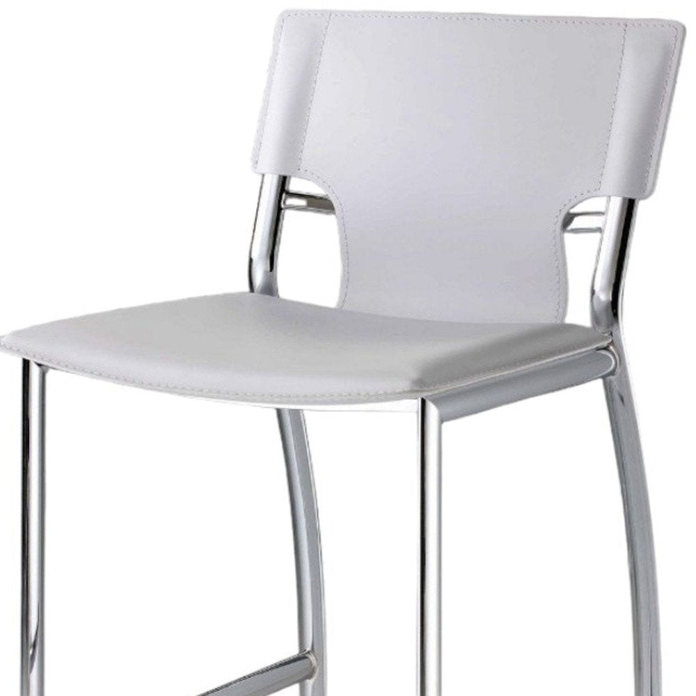 Set of Two 29" White and Silver Metal and Faux Leather Low Back Bar Height Bar Chairs