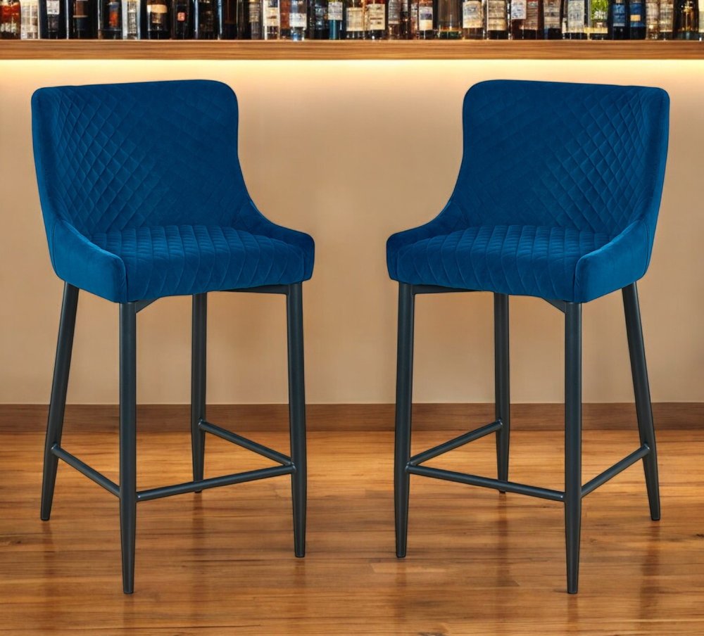 Set of Two 26" Blue and Black Velvet and Metal Low Back Counter Height Bar Chairs