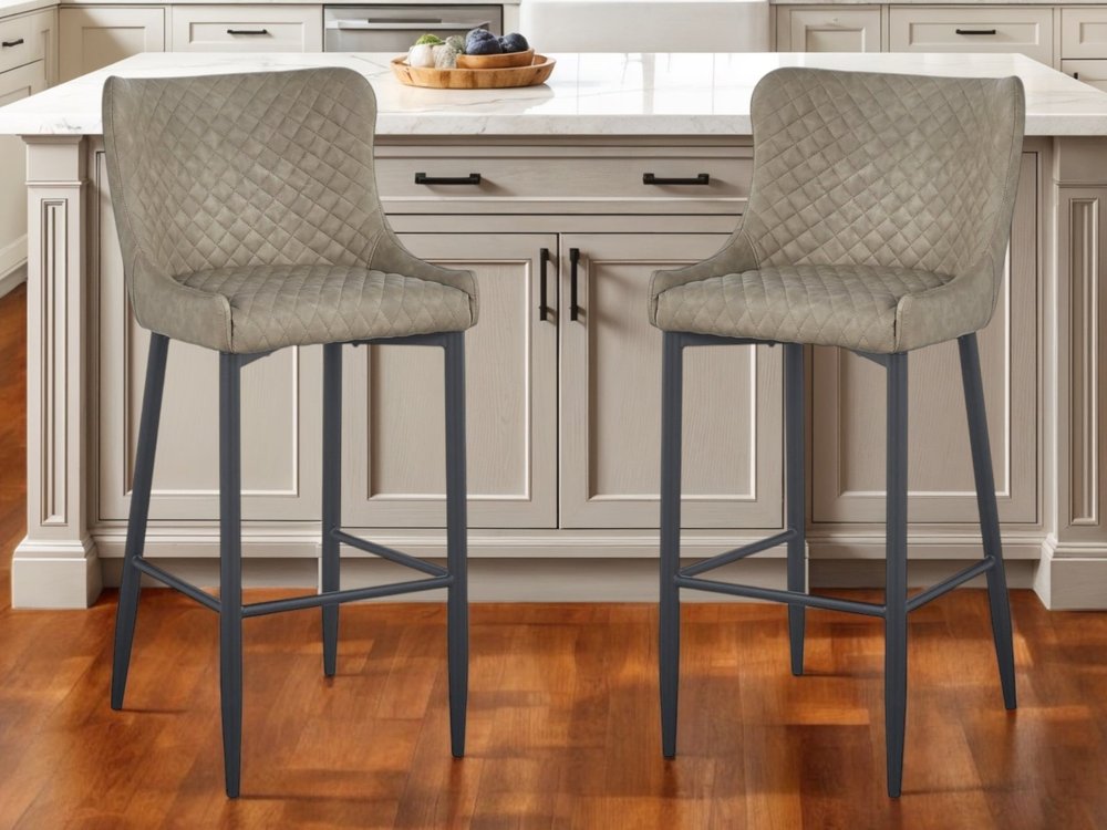 Set of Two 26" Gray and Black Faux Leather and Metal Low Back Counter Height Bar Chairs
