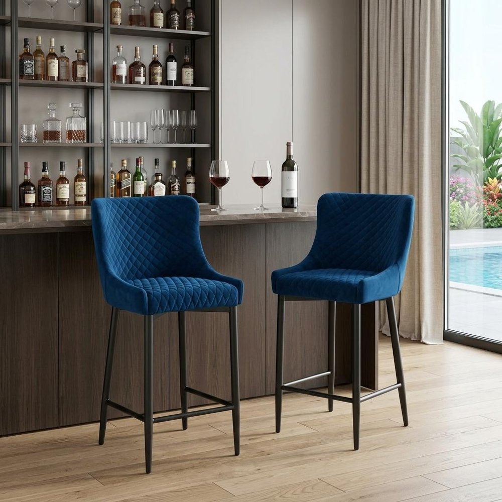 Set of Two 30" Blue and Black Velvet and Metal Low Back Bar Height Bar Chairs